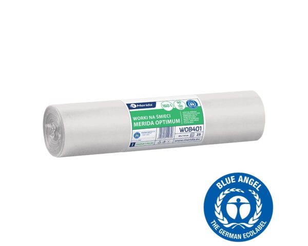 Worki na śmieci 160 l, MERIDA OPTIMUM BLUE ANGEL, białe, 90x110 cm, rolka 25 szt.
