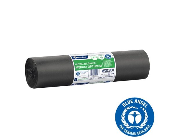Worki na śmieci 120 l, MERIDA OPTIMUM BLUE ANGEL, czarne, 70x110 cm, rolka 50 szt. Worki na śmieci 120 l, MERIDA OPTIMUM BLUE ANGEL, czarne, 70x110 cm, rolka 50 szt.