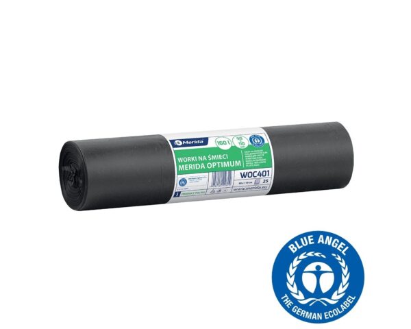 Worki na śmieci 160 l, MERIDA OPTIMUM BLUE ANGEL, czarne, 90x110 cm, rolka 25 szt.