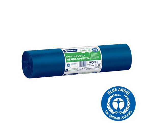 Worki na śmieci 120 l, MERIDA OPTIMUM BLUE ANGEL, niebieskie, 70x110 cm, rolka 50 szt. Worki na śmieci 120 l, MERIDA OPTIMUM BLUE ANGEL, niebieskie, 70x110 cm, rolka 50 szt.