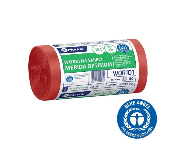 Worki na odpady medyczne 35 l, MERIDA OPTIMUM BLUE ANGEL, czerwone, 50x60, rolka 50 szt.