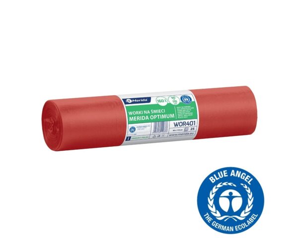 Worki na odpady medyczne 160 l, MERIDA OPTIMUM BLUE ANGEL, czerwone, 90x110, rolka 25 szt.