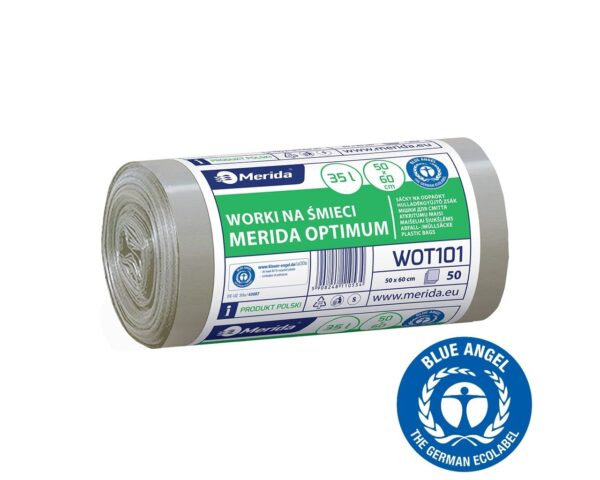 Worki na śmieci 35 l, MERIDA OPTIMUM BLUE ANGEL, bezbarwne, 50x60 cm, rolka 50 szt.