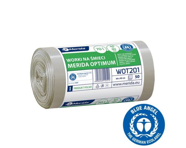 Worki na śmieci 70 l, MERIDA OPTIMUM BLUE ANGEL, bezbarwne, 60x90 cm, rolka 50 szt. Worki na śmieci 70 l, MERIDA OPTIMUM BLUE ANGEL, bezbarwne, 60x90 cm, rolka 50 szt.
