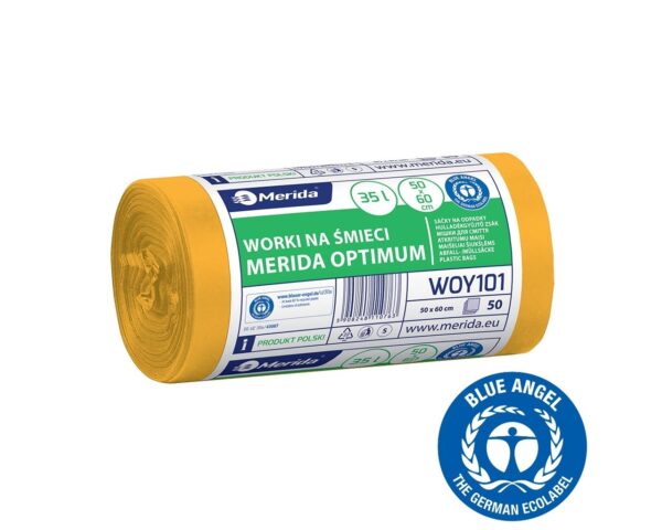 Worki na śmieci 35 l, MERIDA OPTIMUM BLUE ANGEL, żółte, 50x60 cm, rolka 50 szt.