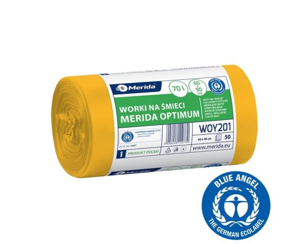 Worki na śmieci 70 l, MERIDA OPTIMUM BLUE ANGEL, żółte, 60x90 cm, rolka 50 szt. Worki na śmieci 70 l, MERIDA OPTIMUM BLUE ANGEL, żółte, 60x90 cm, rolka 50 szt.