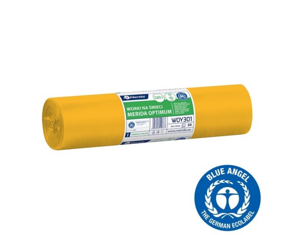 Worki na śmieci 120 l, MERIDA OPTIMUM BLUE ANGEL, żółte, 70x110 cm, rolka 50 szt. Worki na śmieci 120 l, MERIDA OPTIMUM BLUE ANGEL, żółte, 70x110 cm, rolka 50 szt.