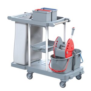 Wózek serwisowy do sprzątania, MERIDA OPERA, czerwona prasa, 2 x wiadro 15 l, 2 x wiaderko serwisowe 7 l, worek z tworzywa sztucznego