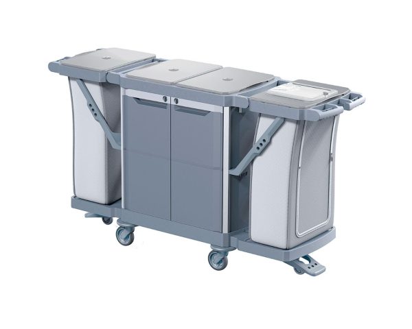 Wózek serwisowy do sprzątania, MERIDA OPERA, 2 x półki wewnętrzne, 2 x uchwyt na worek 120 l z pokrywą