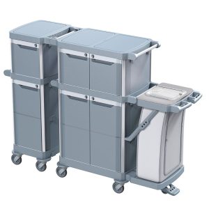 Wózek serwisowy do sprzątania, MERIDA OPERA, 6 zamykanych półek wewnętrznych, 3 szuflady 20 l, uchwyt na worek 120 l z pokrywą