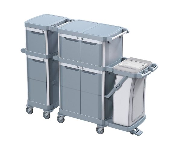 Wózek serwisowy do sprzątania, MERIDA OPERA, 6 zamykanych półek wewnętrznych, 3 szuflady 20 l, uchwyt na worek 120 l z pokrywą