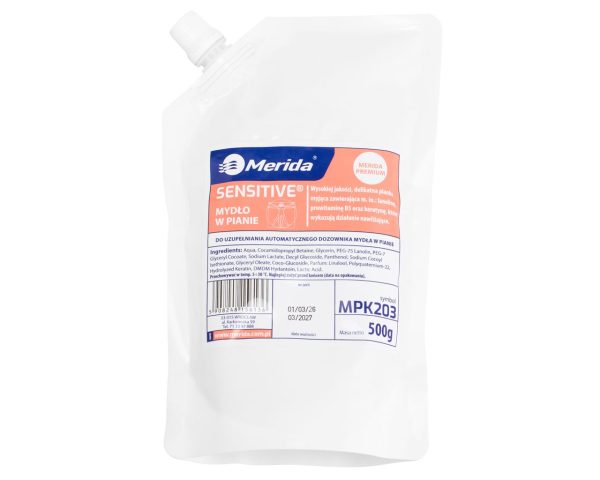 Mydło w pianie MERIDA SENSITIVE, wkład 500 g, do uzupełnienia automatycznego dozownika mydła w pianie Mydło w pianie MERIDA SENSITIVE, wkład 500 g, do uzupełnienia automatycznego dozownika mydła w pianie